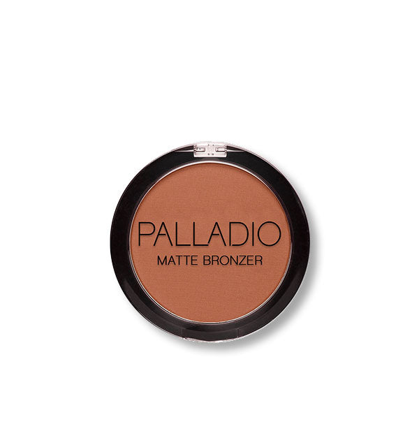 Round compact of pressed Palladio powder bronzer in a medium brown shade