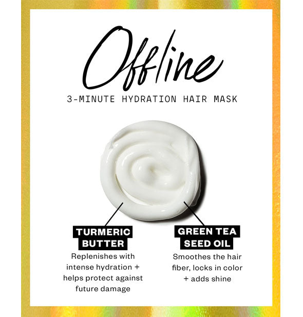 IGK Offline 3-Minute Hydration Hair Mask diagram outlining the benefits of key ingredients Turmeric Butter and Green Tea Seed Oil