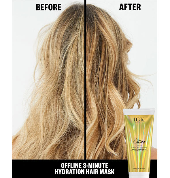 Results before and after using IGK Offline 3-Minute Hydration Hair Mask