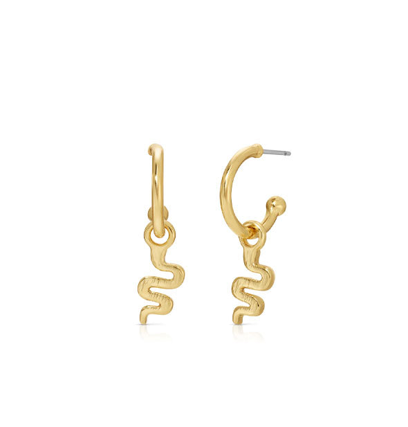 Pair of gold open-ended post hoop earrings with snake charms attached