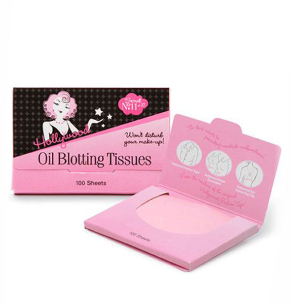 Two 100-sheet packets of Hollywood Fashion Secrets Oil Blotting Tissues, one shown open and the other shown closed