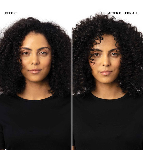Before and after results of using Redken's Oil for All on a model with very curly hair
