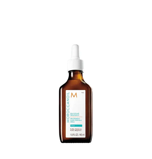 Brown glass 1.5 ounce\ bottle of Moroccanoil Oily Scalp Treatment with white dropper cap and white label