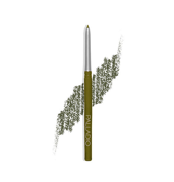 Retractable Palladio liner pencil with sample drawn behind in an olive green shade