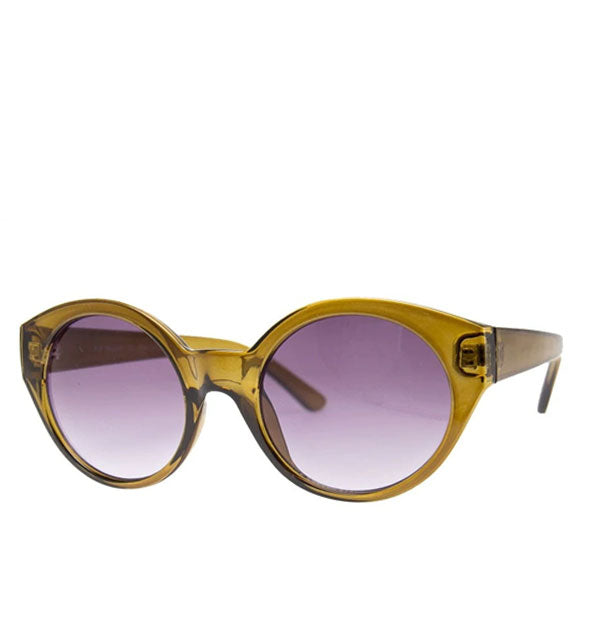 Round sunglasses with greenish-brown frame and purple lens