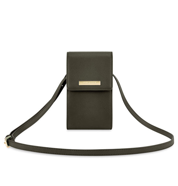 Dark olive purse with gold label and strap buckle