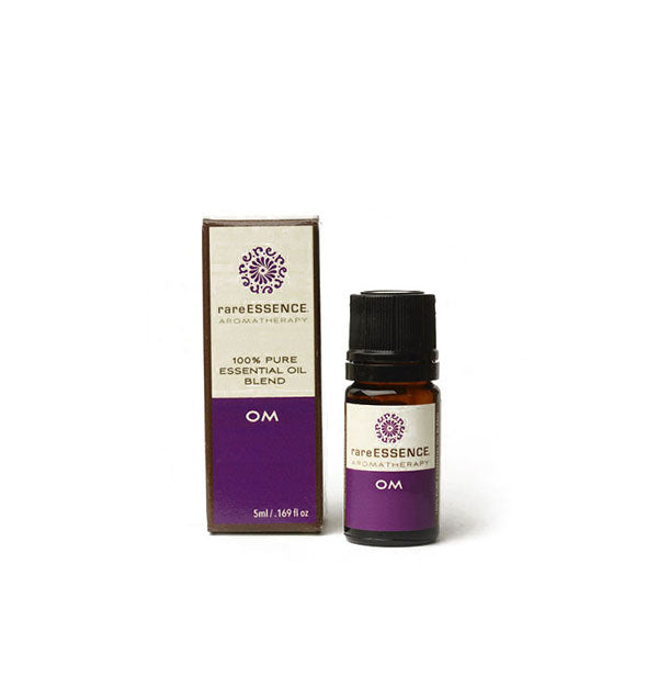 5 milliliter bottle of Om 100% Pure Essential Oil Blend by Rare Essence Aromatherapy with box
