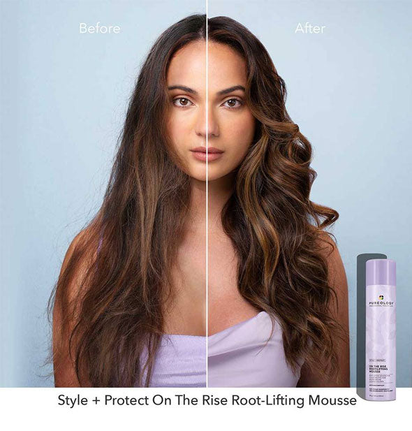 Before and after results of using Pureology Style + Protect On the Rise Root Lifting Mousse