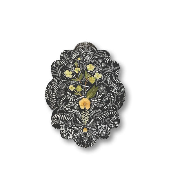 Scalloped-edge sticker features an intricate all-over lacy floral pattern in white, yellow, and green