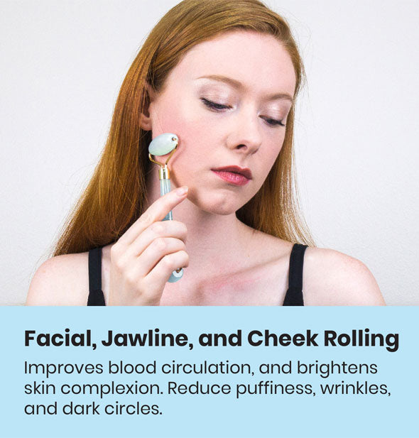 Model demonstrates use of the Opal Facial Roller above a caption addressing its benefits to skin mentioned in the item description