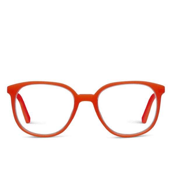 Front view of a rounded pair of red-orange glasses frames