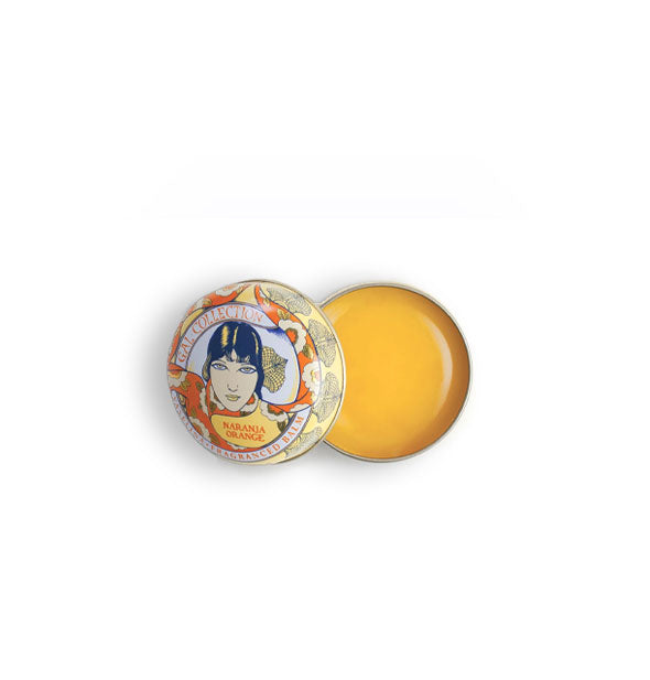 Opened round tin of orange Gal Collection lip balm with illustration of a vintage-styled woman on its lid