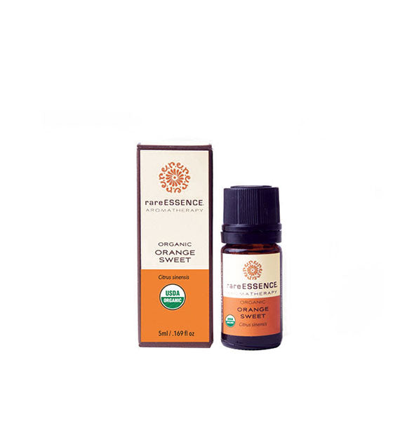 5 milliliter bottle of organic Orange Sweet essential oil by Rare Essence Aromatherapy with box