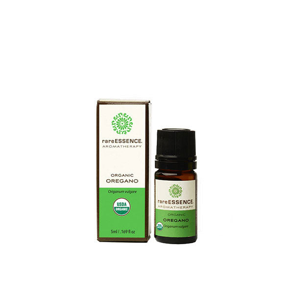 5 milliliter bottle of organic Oregano essential oil by Rare Essence Aromatherapy with box