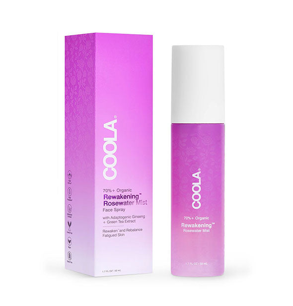 Pink bottle and box of Coola Rewakening Rosewater Mist Face Spray