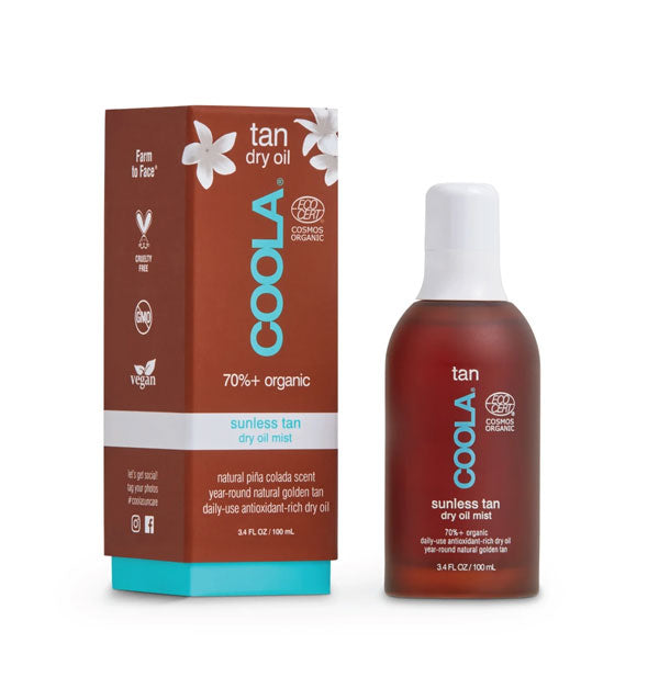 Brown bottle of Coola Sunless Tan Dry Oil Mist with white cap sits next to matching box packaging