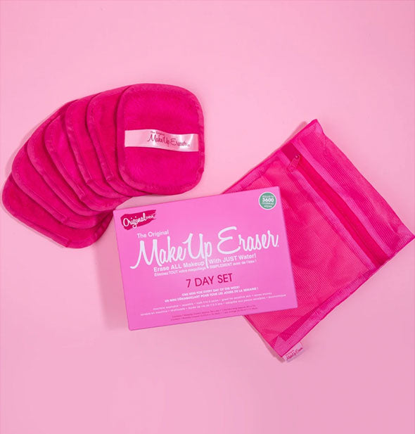 Original pink Makeup Eraser 7 Day Set box with contents: seven pink microfiber cloths and pink zipper pouch