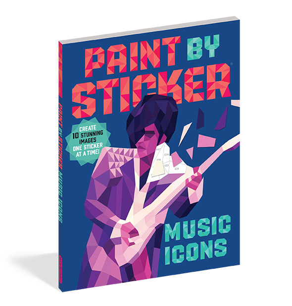 Cover of Paint by Sticker: Music Icons features an illustration of Prince with guitar