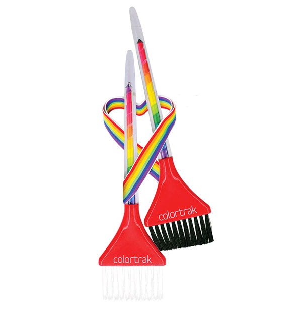 Set of two ColorTrak color brushes with rainbow handles bound loosely by a rainbow ribbon