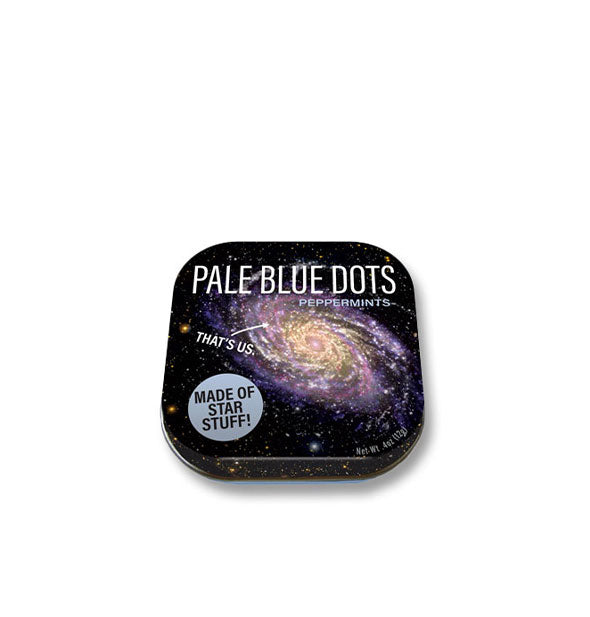 Rounded square tin of Pale Blue Dots Peppermints: Made of Star Stuff! featuring image of the Milky Way