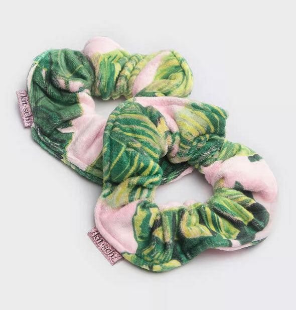 Two pink and green palm leaf print Kitsch microfiber hair scrunchies