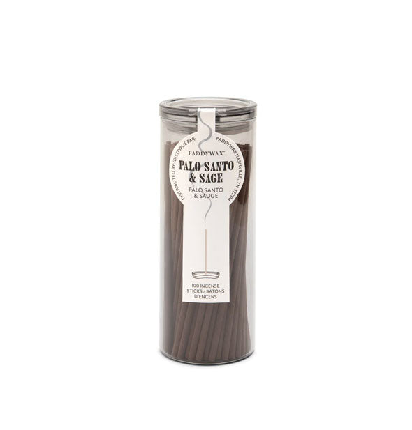 Grey glass tube holds 100 sticks of Paddywax Palo Santo & Sage incense
