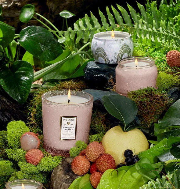 Pink embossed glass jar and decorative white and gold tin candles with fruit assortment on a botanical backdrop