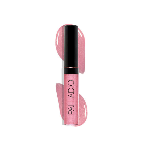 Palladio lip gloss tube in a cool pink shade with color swatch behind
