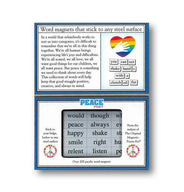 Peace Poet by Magnetic Poetry Kit box interior shows some word tile samples