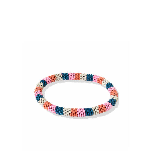 Bracelet covered with multicolored striped beadwork in shades of teal, orange, pink, and white