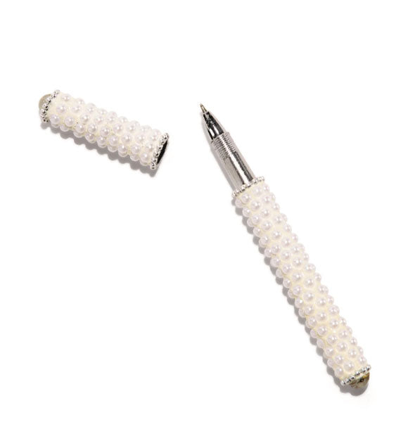 Pearl encrusted ballpoint pen with cap removed