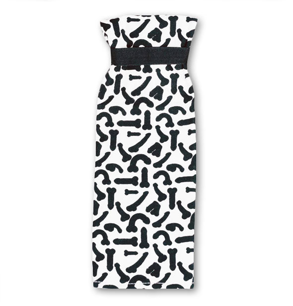 White and black towel with all-over phallic print and black band near the top