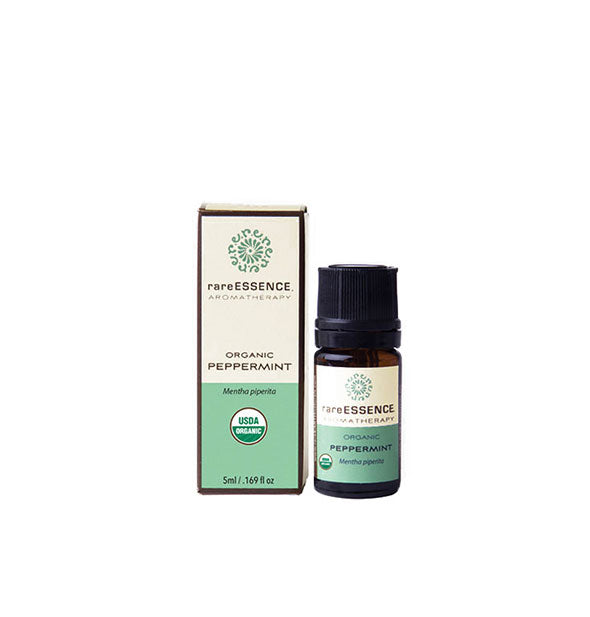 5 milliliter bottle of organic Peppermint essential oil by Rare Essence Aromatherapy with box