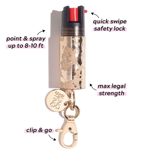 Labeled Blingsting Cowhide Pepper Spray points out product benefits: Point & spray up to 8-10 feet, quick swipe safety lock, max legal strength, clip & go