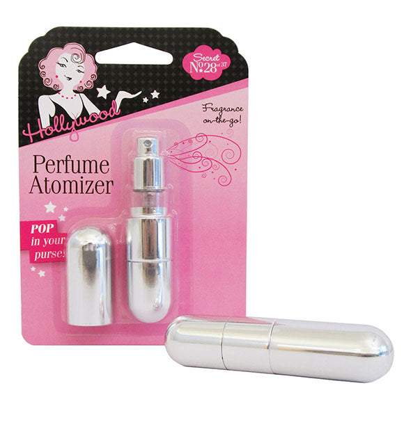 Silver Hollywood Perfume Atomizer in foreground and behind on blister card