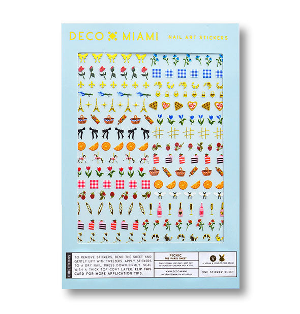 Pack of Deco Miami Nail Art Stickers with Parisian, food, floral, and picnic-themed designs