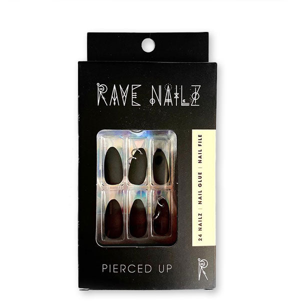 A pack of 24 Pierced Up press-on nails by Rave Nailz featuring accent nails pierced with silver hoops.