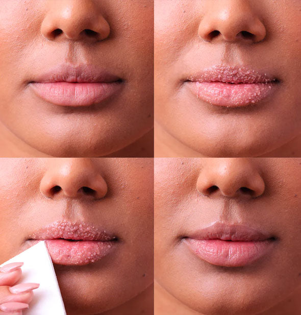 Model's lips shown before, during, and after application of NCLA Beauty Sugar, Sugar All Natural Lip Scrub