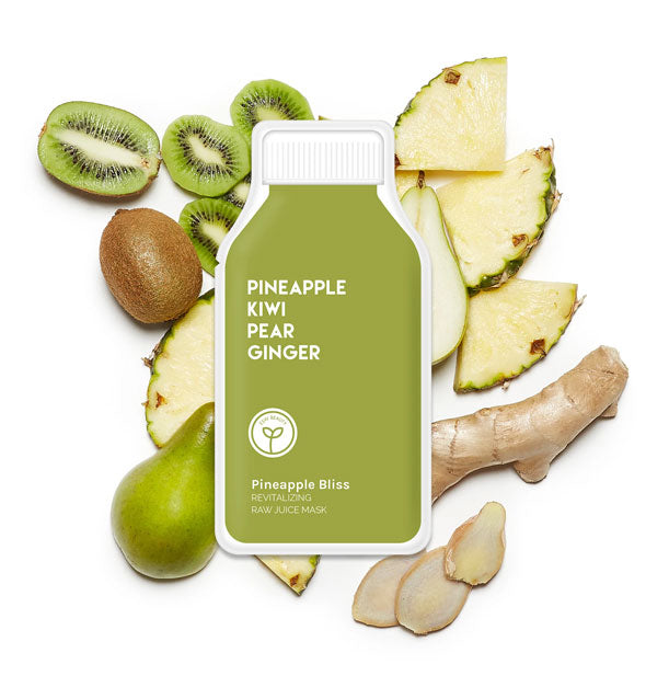 Green bottle-shaped Pineapple Bliss sheet mask pack rests on top of slices of pineapple, kiwi, and pear pieces and a ginger root
