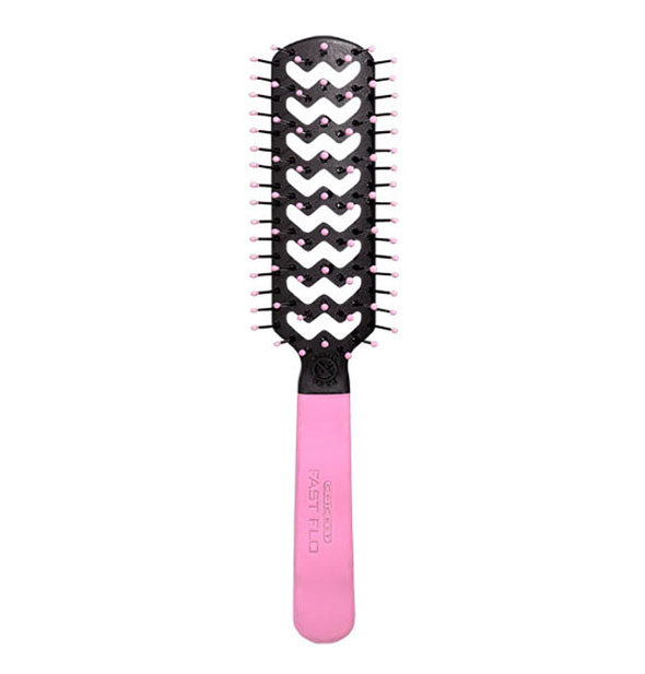 Hairbrush with pink handle and bristle ball tips and black head with zigzag vent design