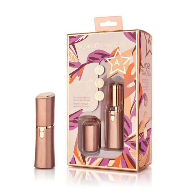 Rose gold Buzz It Illuminating Electric Pocket Size Shaver shown inside and outside of packaging