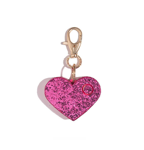 Pink glitter heart-shaped personal alarm with gold lobster clasp attached