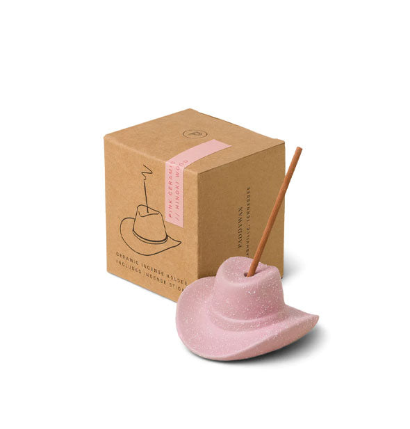 Pink cowboy hat incense holder with incense stick and brown box packaging