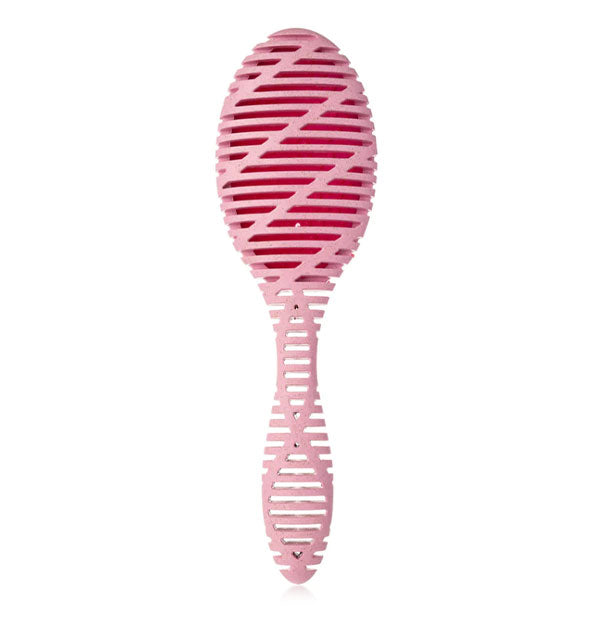 Back of pink paddle hairbrush with slotted handle and head design