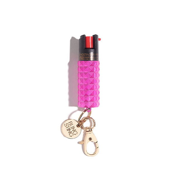 Hot pink studded pepper spray canister with rose gold Blingsting tab and lobster clasp