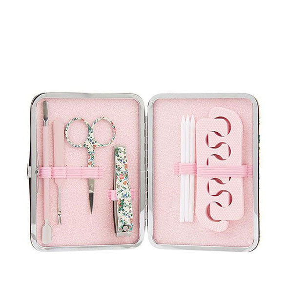 Pedicure Purse interior shows pink and floral tools secured by elastic bands