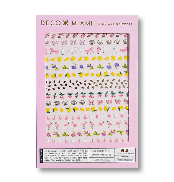 Pack of Deco Miami Nail Art Stickers with lemons, seashells, ponies, flamingoes, and other designs