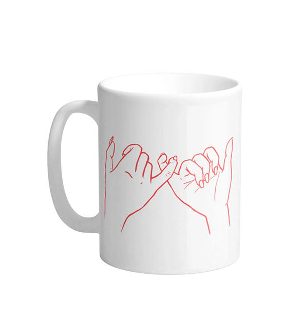 White coffee mug with red line drawing of two hands pinky-swearing