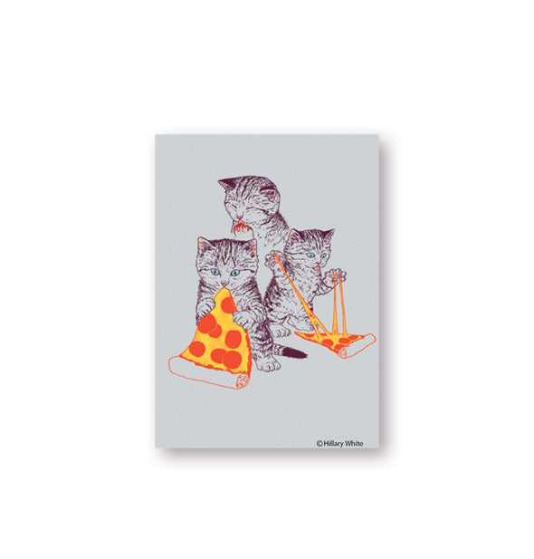 Gray rectangular magnet features illustration of three kittens eating pepperoni pizza