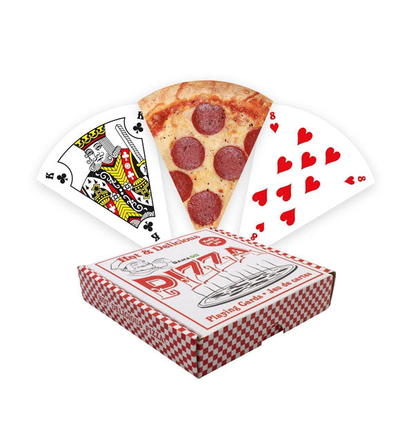 Pizza slice-shaped playing cards with mini pizza box packaging
